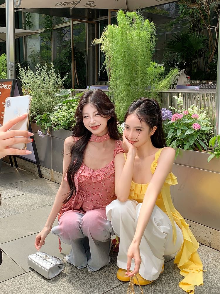 Floral Ruffle Top Cami Plain Asymmetrical Detail