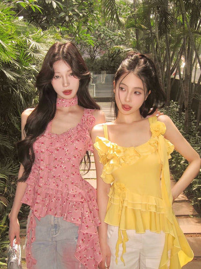 Floral Ruffle Top Cami Plain Asymmetrical Detail