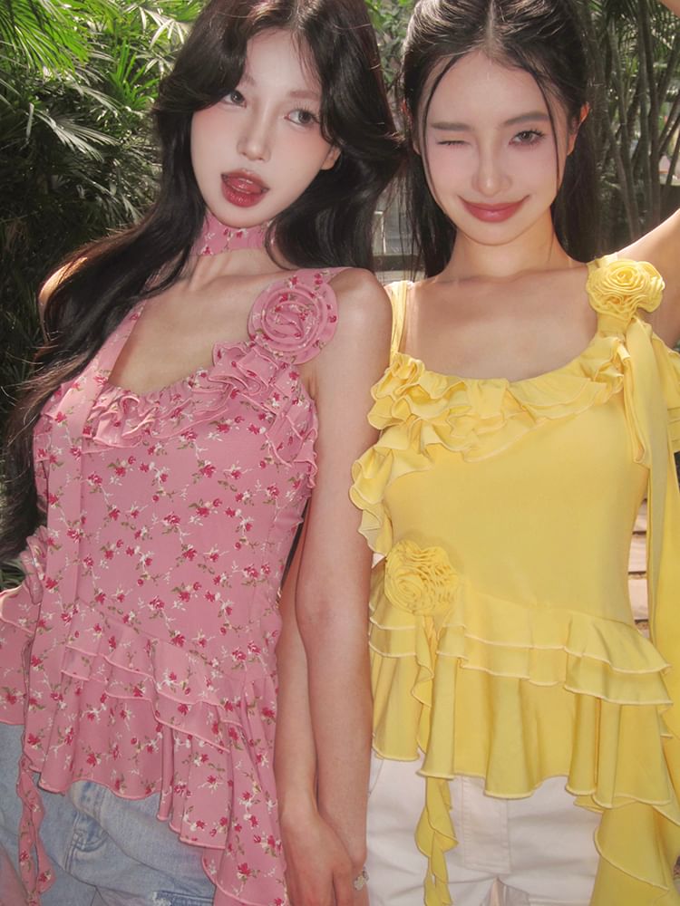 Floral Ruffle Top Cami Plain Asymmetrical Detail