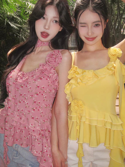 Floral Ruffle Top Cami Plain Asymmetrical Detail