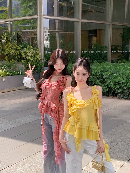 Floral Ruffle Top Cami Plain Asymmetrical Detail