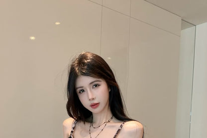 Cami Print Panel V-Neck Tie-Up Ruffle Slit Leopard Top