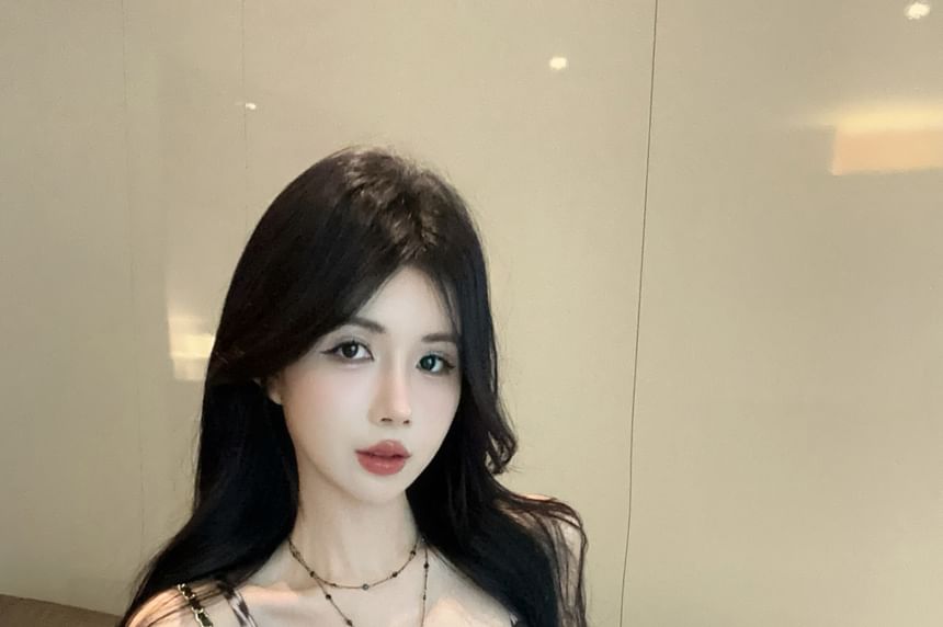 Cami Print Panel V-Neck Tie-Up Ruffle Slit Leopard Top