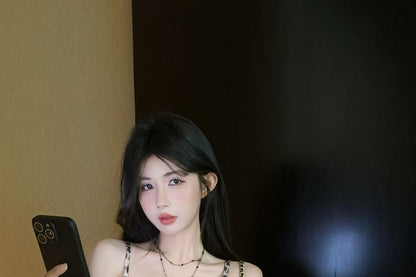 Cami Print Panel V-Neck Tie-Up Ruffle Slit Leopard Top