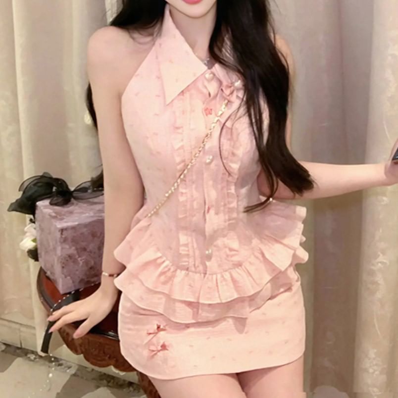 Brooch Bow Mini Set Ruffle Skirt Pencil Blouse / Print High Waist Sleeveless Collared