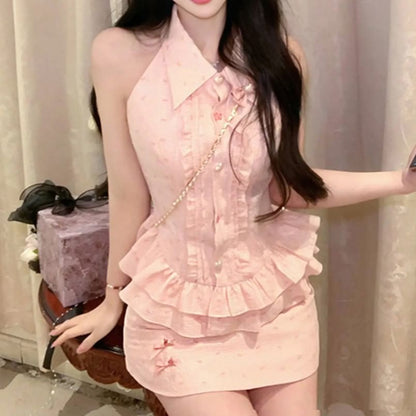 Brooch Bow Mini Set Ruffle Skirt Pencil Blouse / Print High Waist Sleeveless Collared