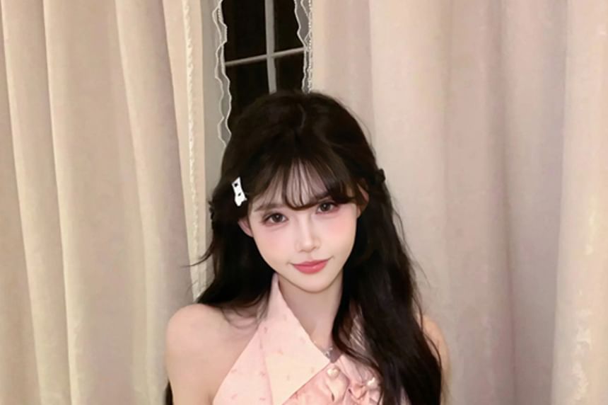 Brooch Bow Mini Set Ruffle Skirt Pencil Blouse / Print High Waist Sleeveless Collared