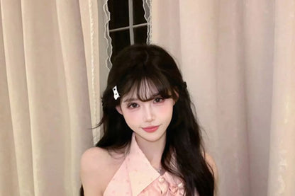 Brooch Bow Mini Set Ruffle Skirt Pencil Blouse / Print High Waist Sleeveless Collared