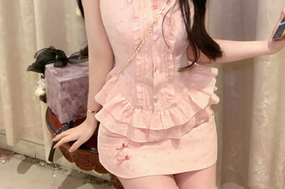 Brooch Bow Mini Set Ruffle Skirt Pencil Blouse / Print High Waist Sleeveless Collared