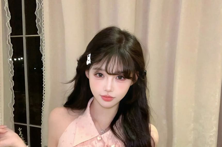 Brooch Bow Mini Set Ruffle Skirt Pencil Blouse / Print High Waist Sleeveless Collared