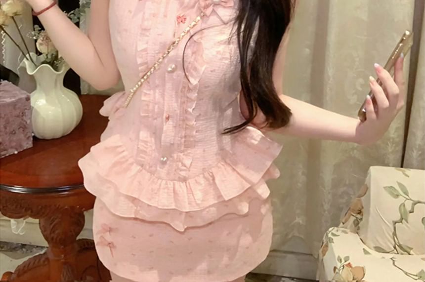 Brooch Bow Mini Set Ruffle Skirt Pencil Blouse / Print High Waist Sleeveless Collared