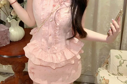 Brooch Bow Mini Set Ruffle Skirt Pencil Blouse / Print High Waist Sleeveless Collared