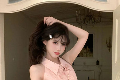 Brooch Bow Mini Set Ruffle Skirt Pencil Blouse / Print High Waist Sleeveless Collared