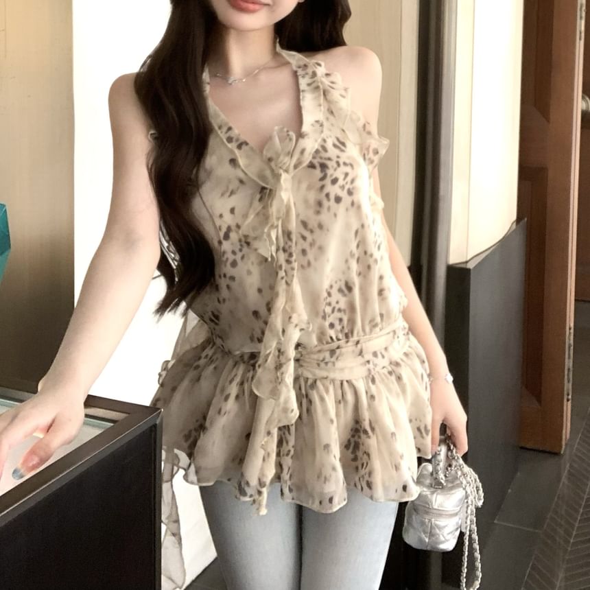 Leopard Ruffle Halter Print Top