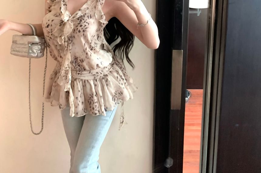 Leopard Ruffle Halter Print Top