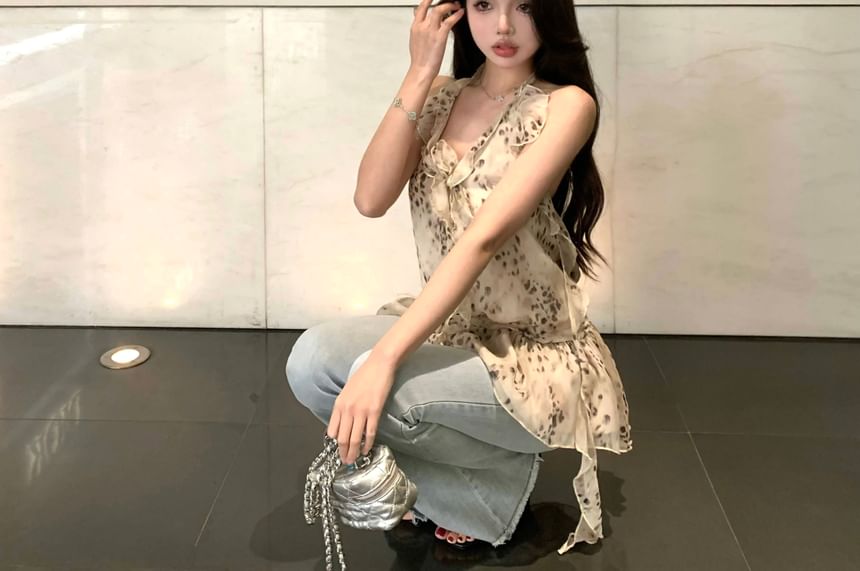 Leopard Ruffle Halter Print Top