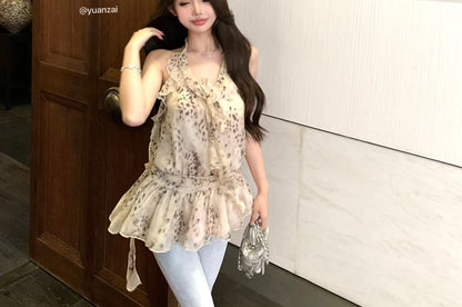 Leopard Ruffle Halter Print Top
