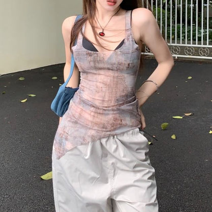 Tank Bra Top Sheer Square Denim Plain / Print Neck Asymmetrical