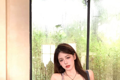 Tank Bra Top Sheer Square Denim Plain / Print Neck Asymmetrical