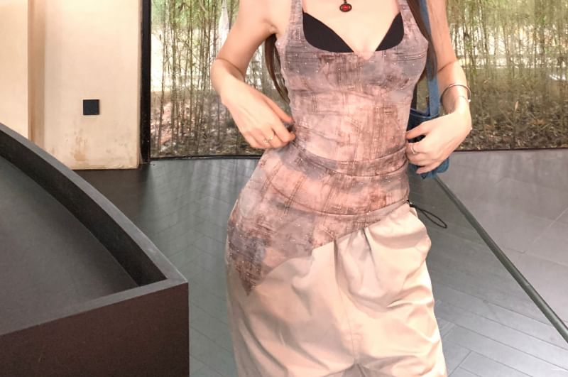 Tank Bra Top Sheer Square Denim Plain / Print Neck Asymmetrical