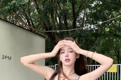 Tank Bra Top Sheer Square Denim Plain / Print Neck Asymmetrical