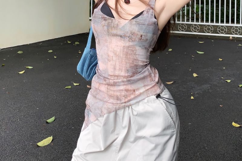 Tank Bra Top Sheer Square Denim Plain / Print Neck Asymmetrical