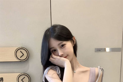 Neck Tie + Plain Top Plunge Tank Scoop Camisole Set: Deep Shoulder