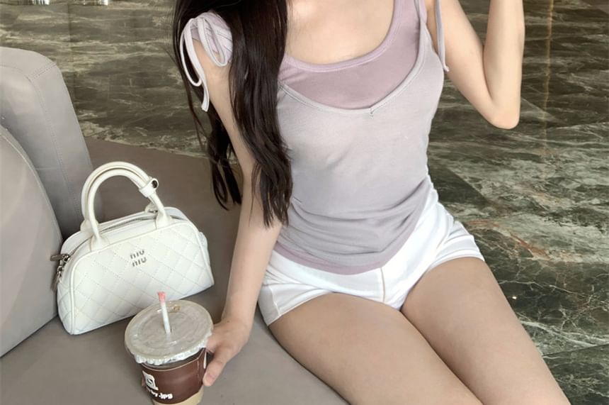 Neck Tie + Plain Top Plunge Tank Scoop Camisole Set: Deep Shoulder