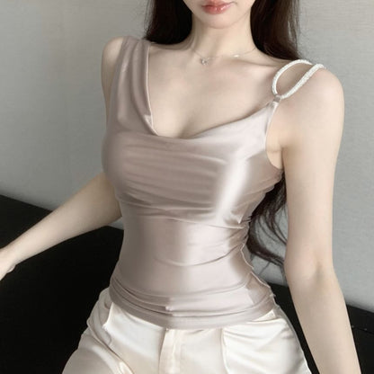 Neck Cowl Camisole Plain Asymmetrical Top