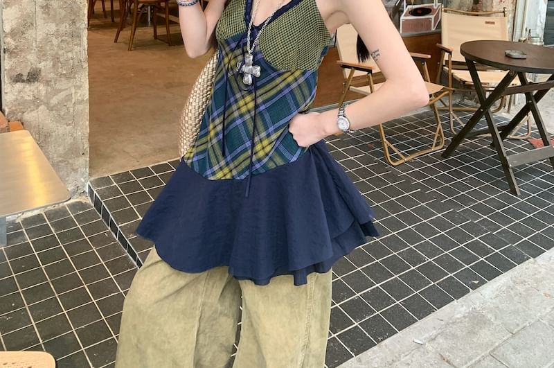 Halter Top Plaid Panel V-Neck