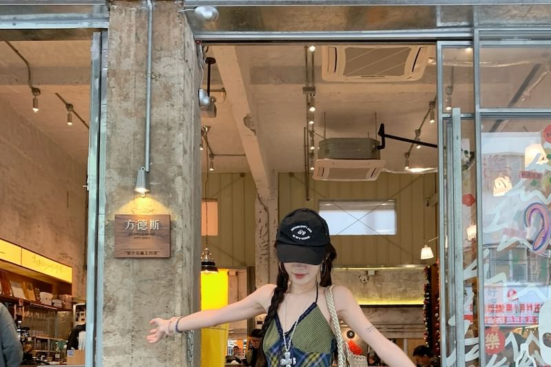 Halter Top Plaid Panel V-Neck