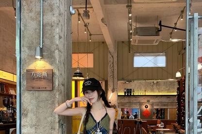 Halter Top Plaid Panel V-Neck