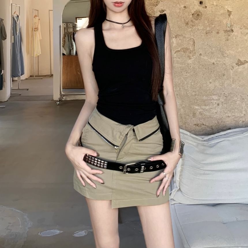 Square Belt Plain Asymmetrical Neck Waist Tank Skirt Mini Studded Top Pencil / High