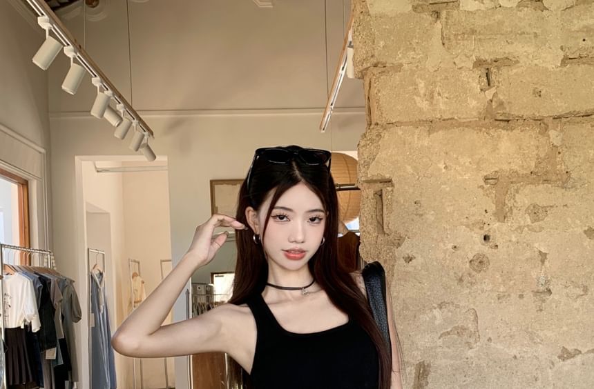 Square Belt Plain Asymmetrical Neck Waist Tank Skirt Mini Studded Top Pencil / High