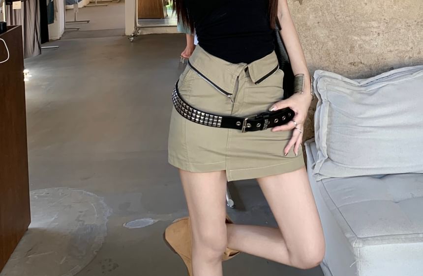 Square Belt Plain Asymmetrical Neck Waist Tank Skirt Mini Studded Top Pencil / High