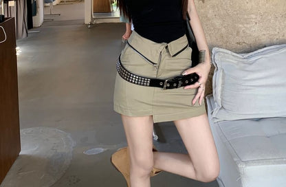 Square Belt Plain Asymmetrical Neck Waist Tank Skirt Mini Studded Top Pencil / High