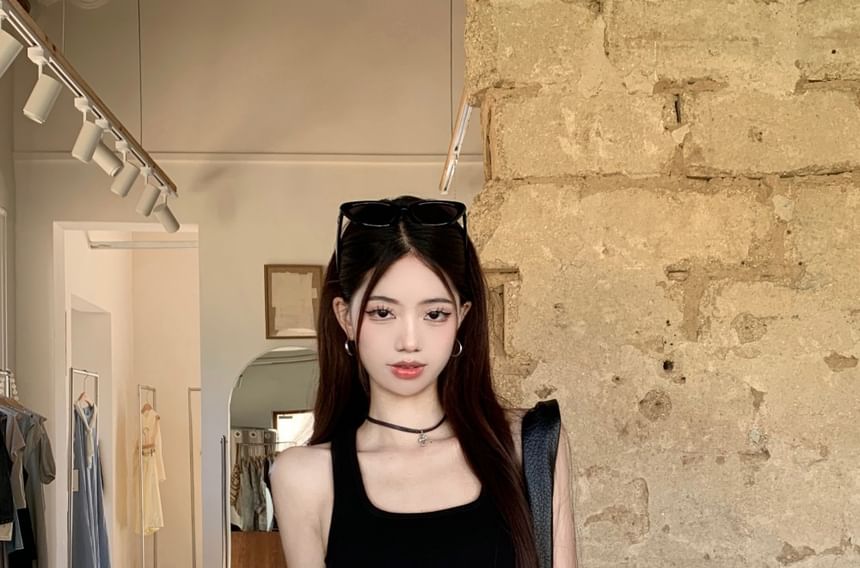 Square Belt Plain Asymmetrical Neck Waist Tank Skirt Mini Studded Top Pencil / High