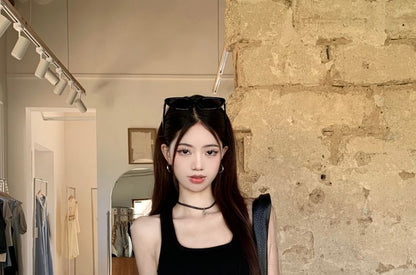 Square Belt Plain Asymmetrical Neck Waist Tank Skirt Mini Studded Top Pencil / High