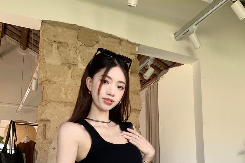 Square Belt Plain Asymmetrical Neck Waist Tank Skirt Mini Studded Top Pencil / High