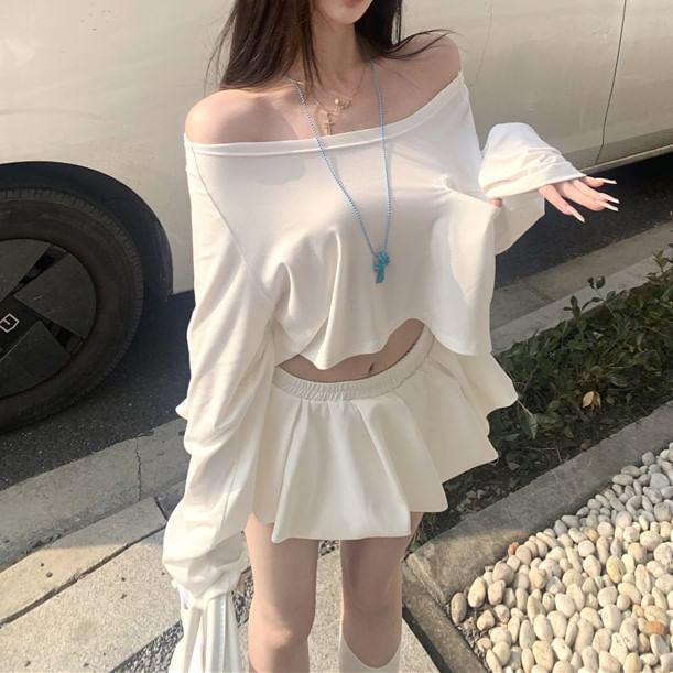 Mini Shoulder Skirt Off Plain A-Line Long-Sleeve Crop T-Shirt /