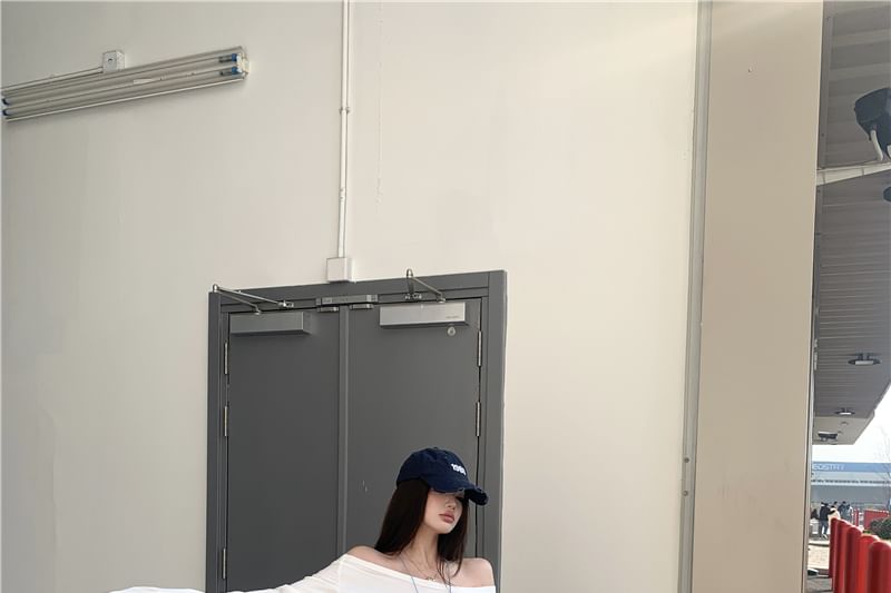 Mini Shoulder Skirt Off Plain A-Line Long-Sleeve Crop T-Shirt /