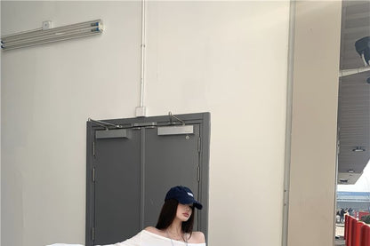 Mini Shoulder Skirt Off Plain A-Line Long-Sleeve Crop T-Shirt /