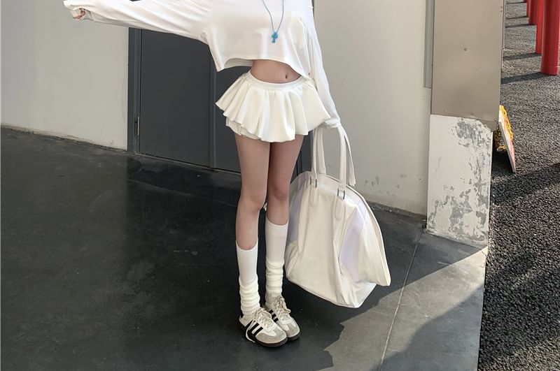 Mini Shoulder Skirt Off Plain A-Line Long-Sleeve Crop T-Shirt /