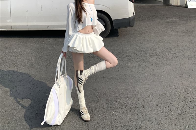 Mini Shoulder Skirt Off Plain A-Line Long-Sleeve Crop T-Shirt /