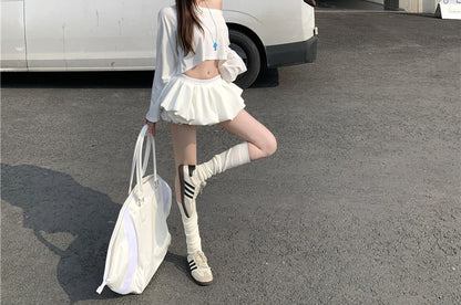 Mini Shoulder Skirt Off Plain A-Line Long-Sleeve Crop T-Shirt /