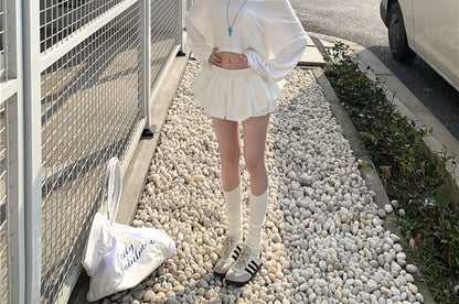 Mini Shoulder Skirt Off Plain A-Line Long-Sleeve Crop T-Shirt /