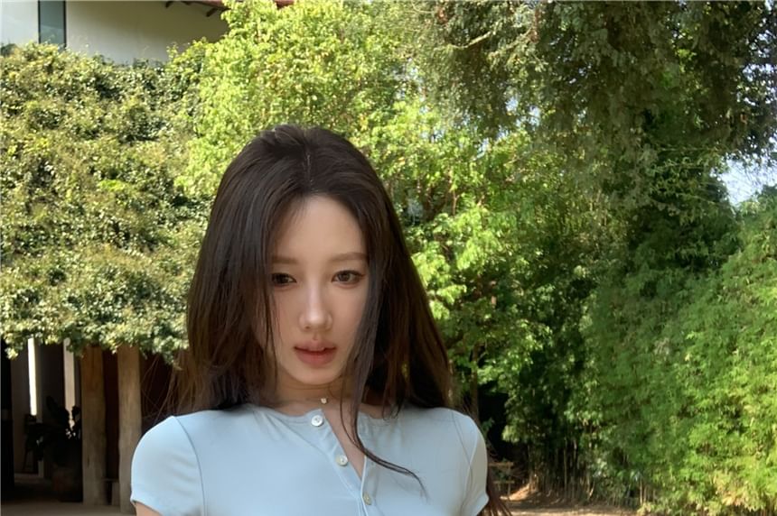 Crop Buttoned Tee Half Plain Short-Sleeve