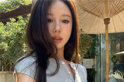 Crop Buttoned Tee Half Plain Short-Sleeve