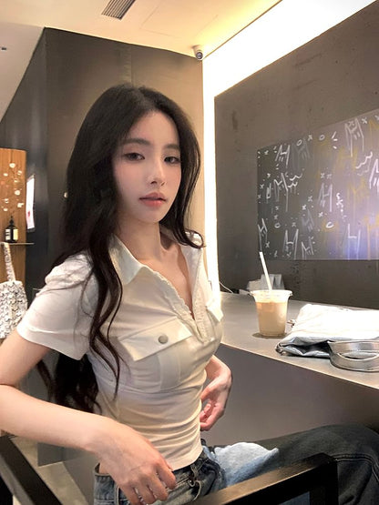 Polo Plain Crop Pocketed Top Short-Sleeve