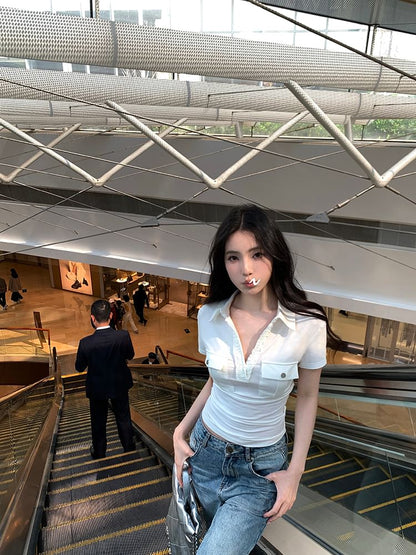 Polo Plain Crop Pocketed Top Short-Sleeve